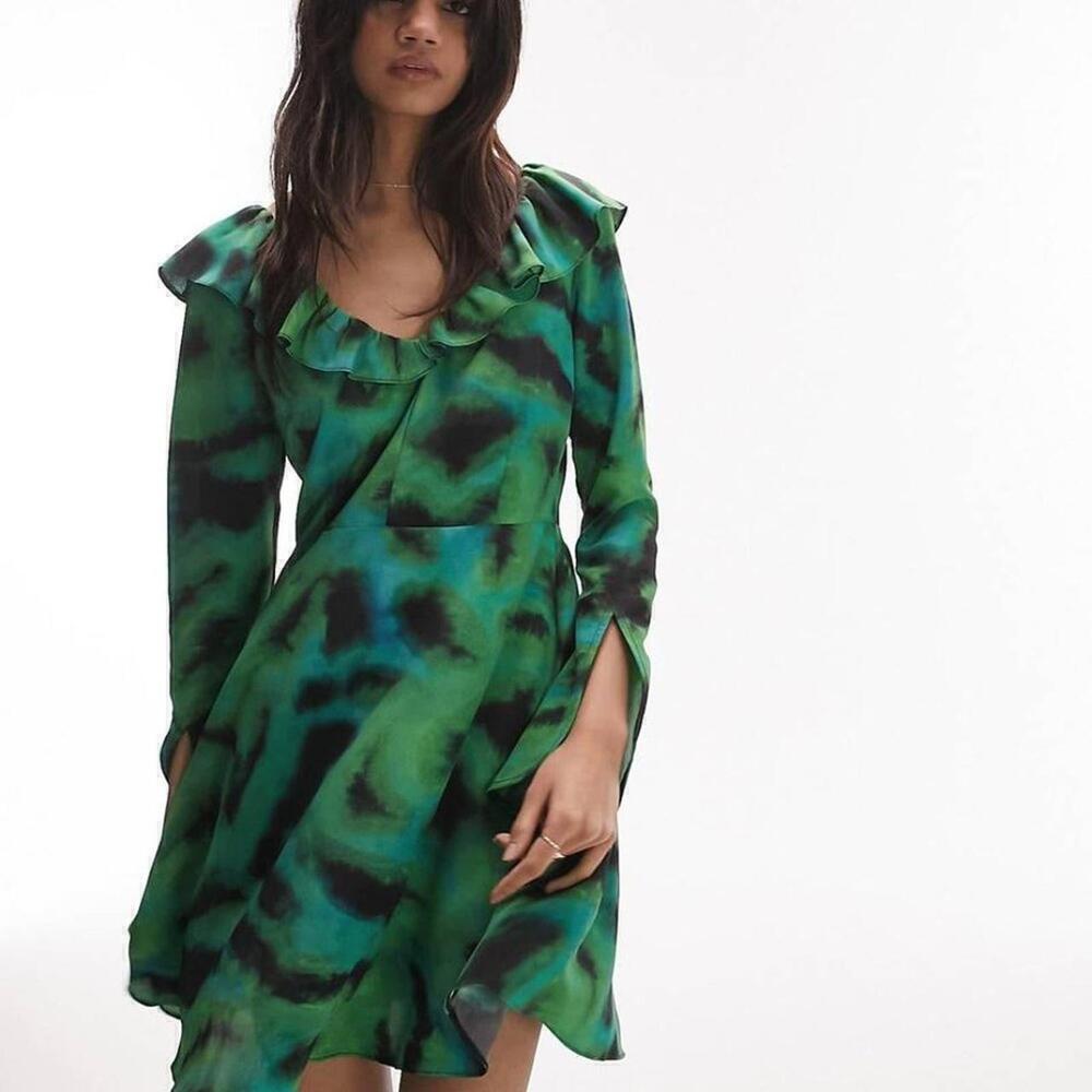 Topshop Dress Animal Print Ruffle Neck Long Sleeve Split Cuff Mini Green Black 2